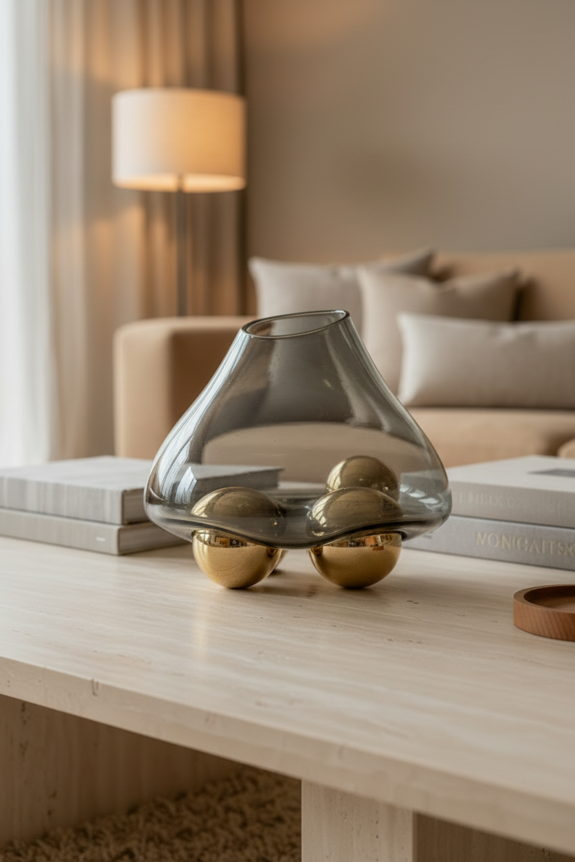 Dekor Asimetrik prej Xhami me 3 Sfera Gold